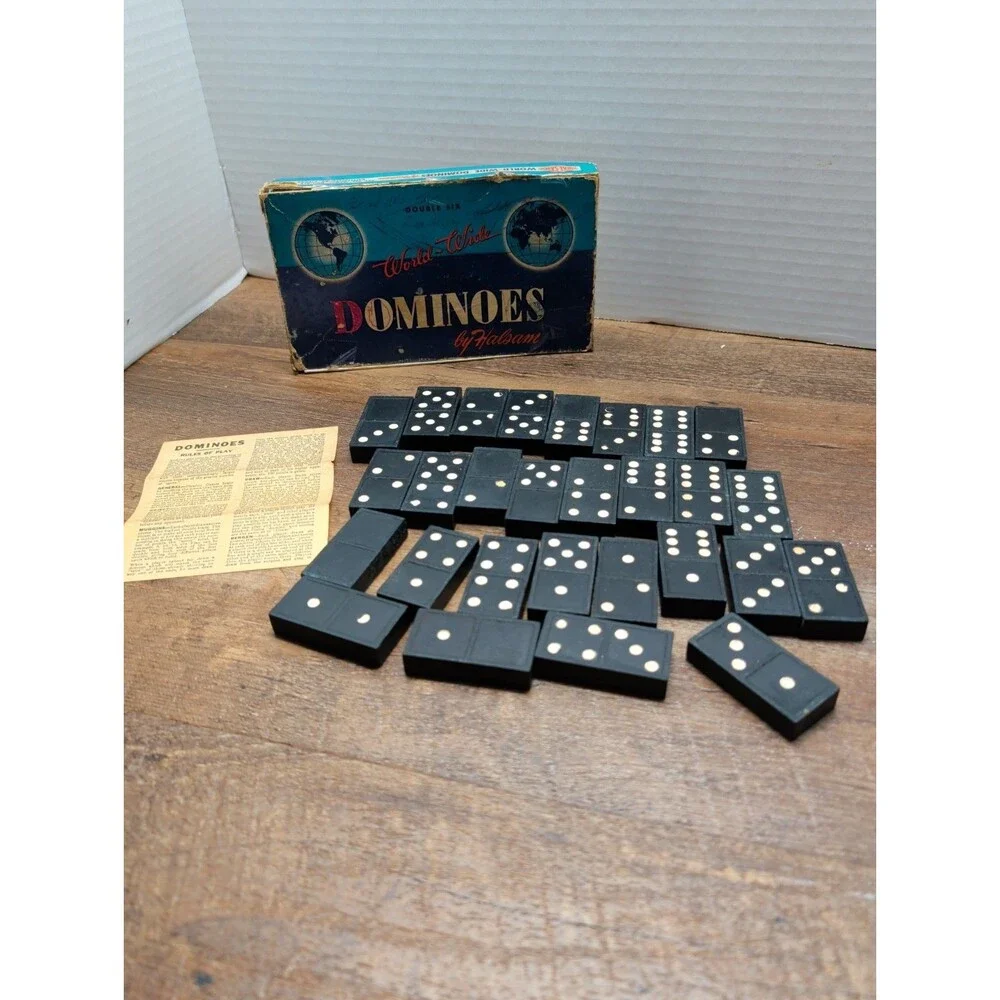Vtg Double Six World Wide Dominoes by Halsam Globe Pattern 28 pieces
